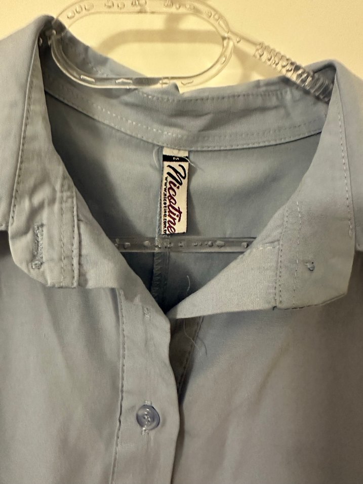 Mavi Keten Düğmeli Kadın Gömlek - Görsel 4