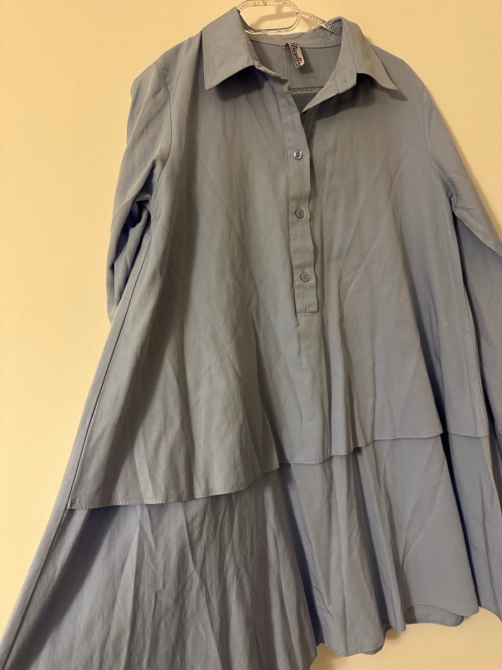 Mavi Keten Düğmeli Kadın Gömlek - Görsel 3