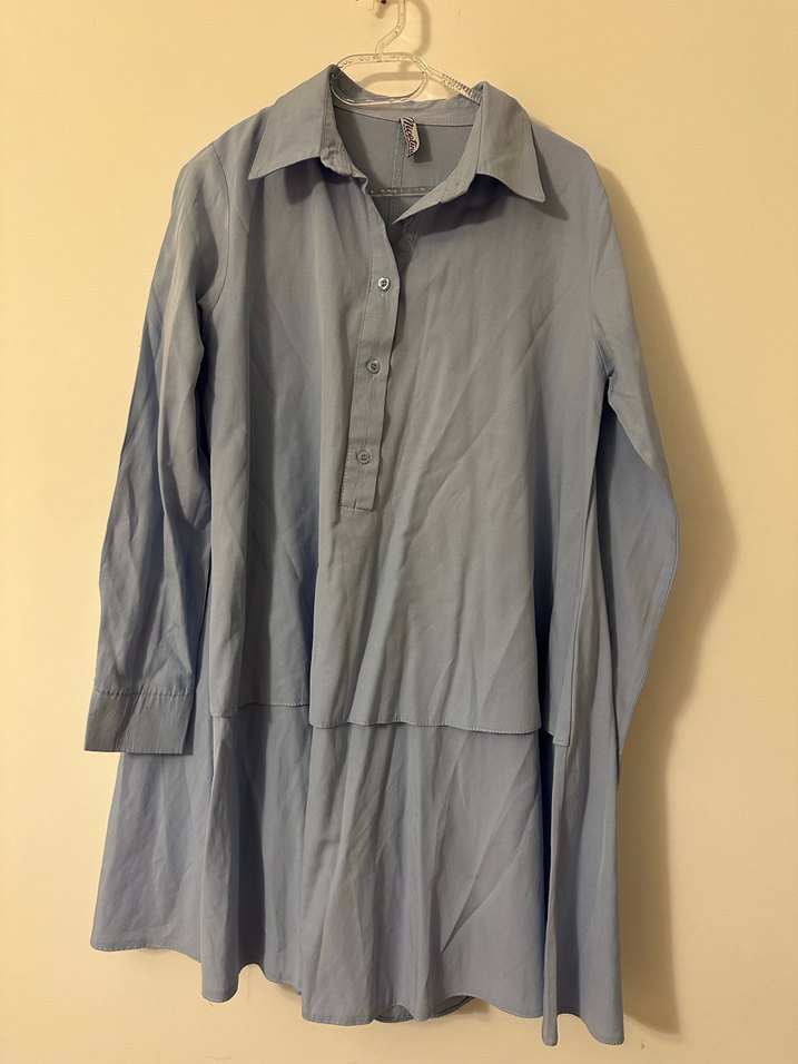 Mavi Keten Düğmeli Kadın Gömlek - Görsel 2