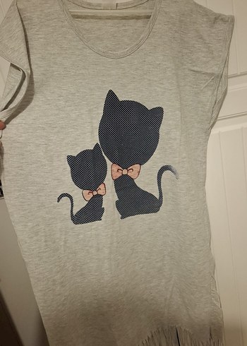 Gri Örgü Kedi Desenli Sokak Stili Elbise - Görsel 2