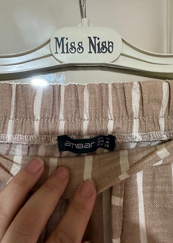 Bej Çizgili Kadın Keten Pantolon - Görsel 2