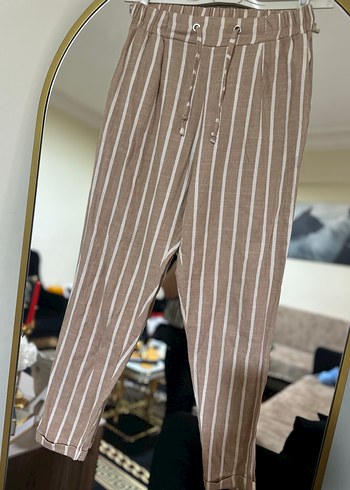 Bej Çizgili Kadın Keten Pantolon - Görsel 3