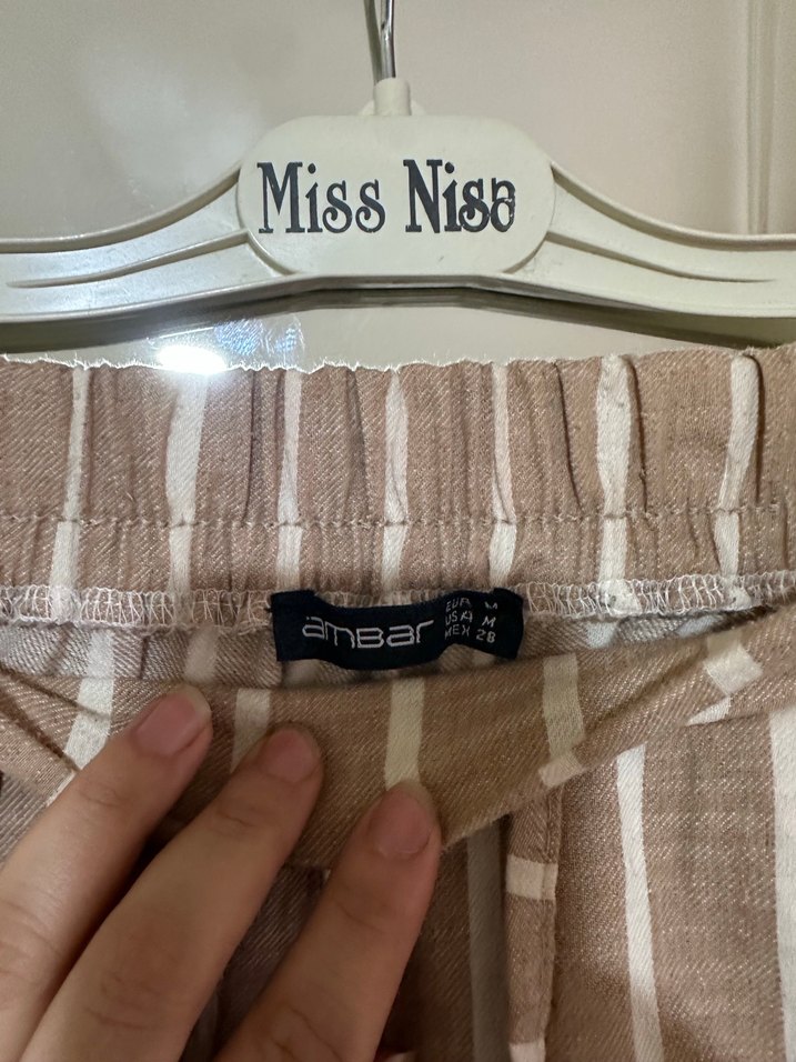 Bej Çizgili Kadın Keten Pantolon - Görsel 2