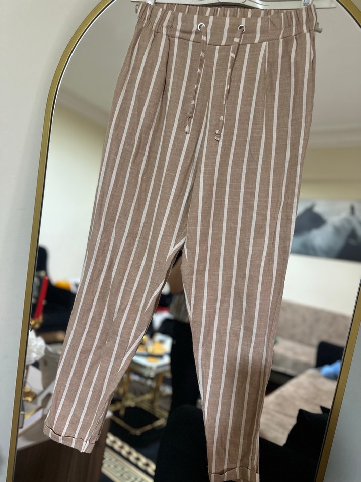 Bej Çizgili Kadın Keten Pantolon - Görsel 3