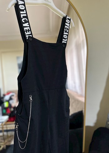 Zincir Detaylı Siyah Kadın Midi Salopet - Görsel 3