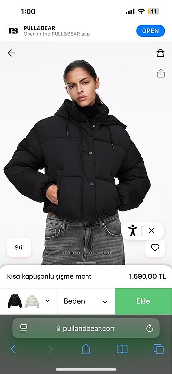 Pull&Bear kısa kapüşonlu şişme mont