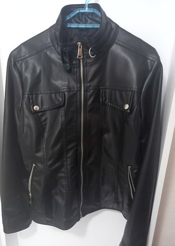 Parlak Siyah Deri Biker Ceket