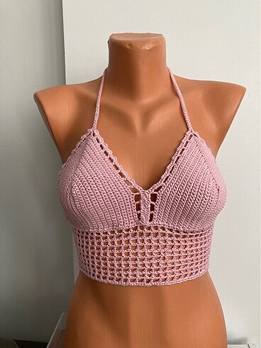 El örgüsü crop,büstiyer toz pembe