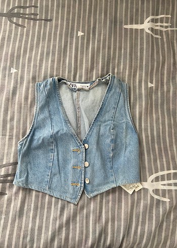 Zara Dugmeli Kolsuz Mavi Denim Yelek