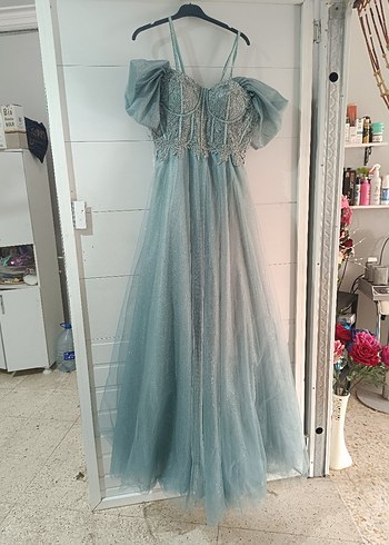 Mavi Vintage Bohem Nakışlı Uzun Abiye Elbise - Görsel 2