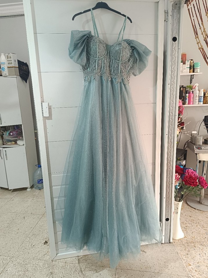 Mavi Vintage Bohem Nakışlı Uzun Abiye Elbise - Görsel 2