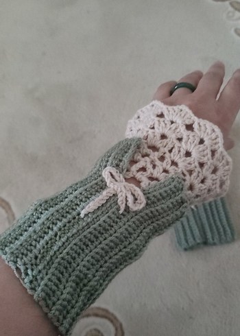 Bohem Tarzda Pastel Gri Örgü Kadın Eldiveni - Görsel 3