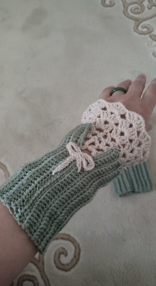 Bohem Tarzda Pastel Gri Örgü Kadın Eldiveni - Görsel 3