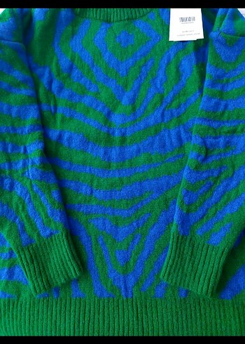 Yeşil Mavi Zebra Desenli Boğazlı Kadın Kazak - Görsel 2