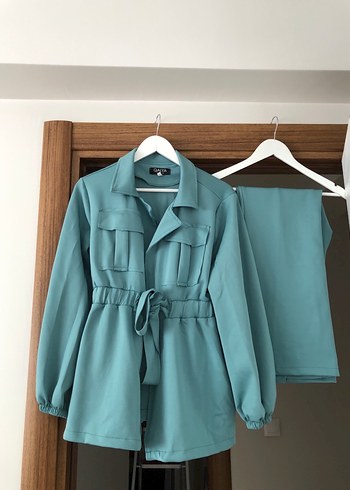 l Beden turkuaz Renk Turkuaz Beli Kuşaklı Uzun Kadın Takım
