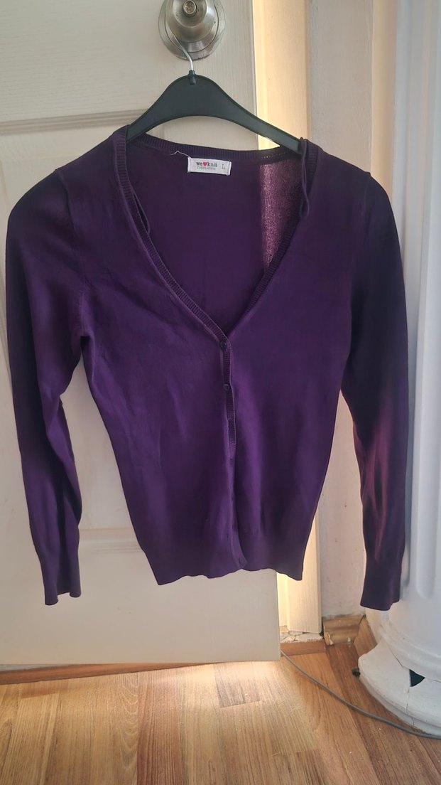 Mor V Yaka Düğmeli İnce Hırka - Görsel 2