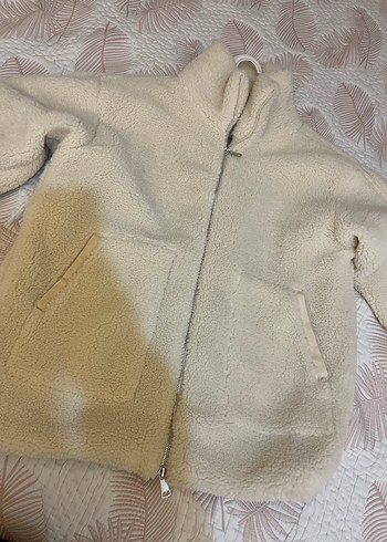 Bej Kadın Peluş Ceket, Yüksek Yakalı, Rahat Kesim - Görsel 3