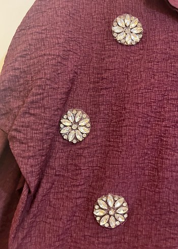 Bordo Nakışlı Uzun Kollu Kadın Keten Gömlek - Görsel 2