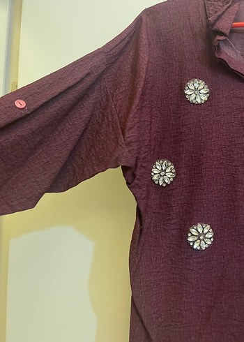 Bordo Nakışlı Uzun Kollu Kadın Keten Gömlek - Görsel 4