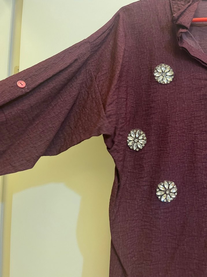 Bordo Nakışlı Uzun Kollu Kadın Keten Gömlek - Görsel 4