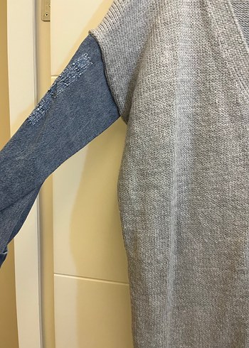 Gri Triko Midi Hırka Denim Detaylı - Görsel 2