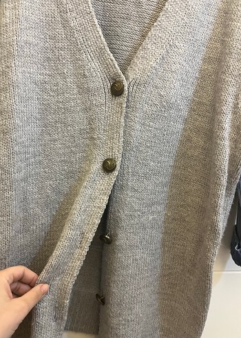 Gri Triko Midi Hırka Denim Detaylı - Görsel 3