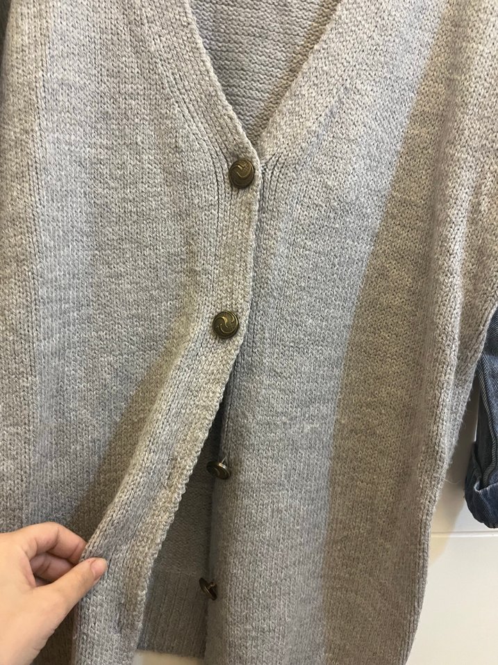 Gri Triko Midi Hırka Denim Detaylı - Görsel 3