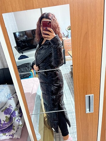 s Beden siyah Renk Mango uzun şişme mont