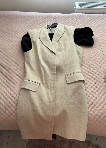 Bej Kolsuz Midi Keten Yelek elbise - Görsel 4