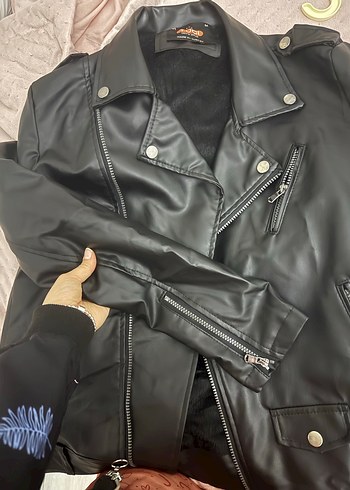 Kadın Siyah Deri Biker Ceket - Görsel 2