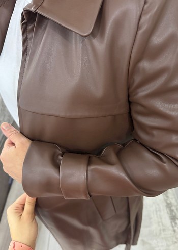 Kahverengi Deri Kadın Uzun Trençkot - Görsel 4