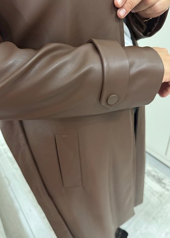 Kahverengi Deri Kadın Uzun Trençkot - Görsel 3