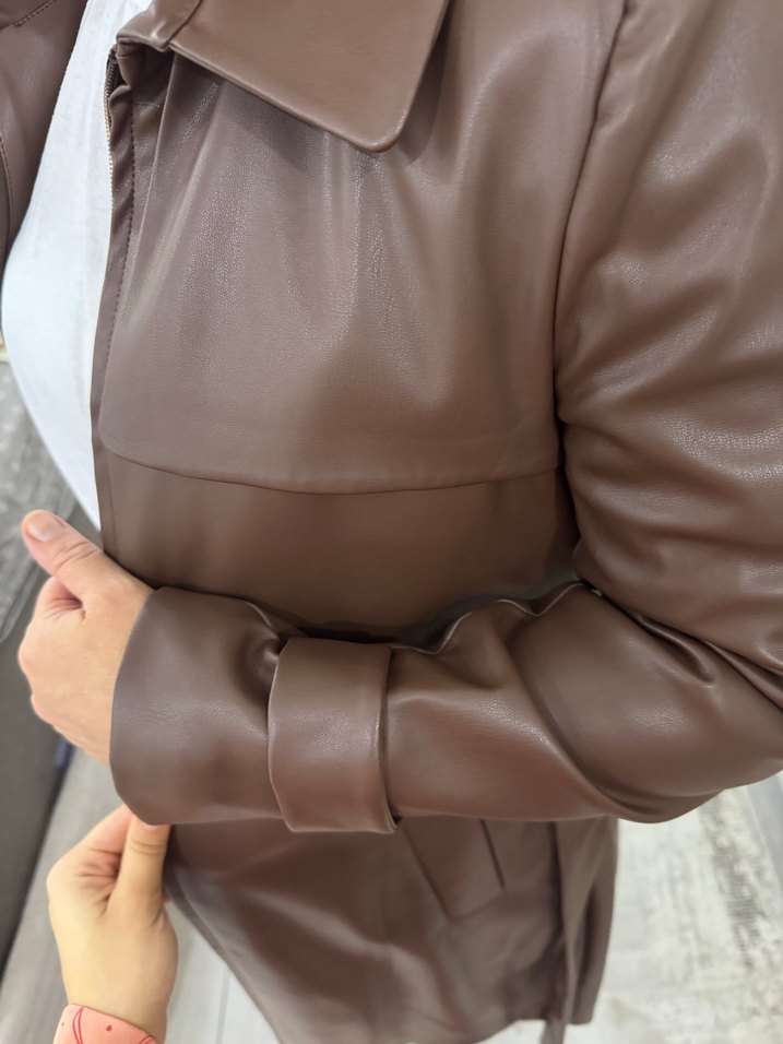 Kahverengi Deri Kadın Uzun Trençkot - Görsel 4