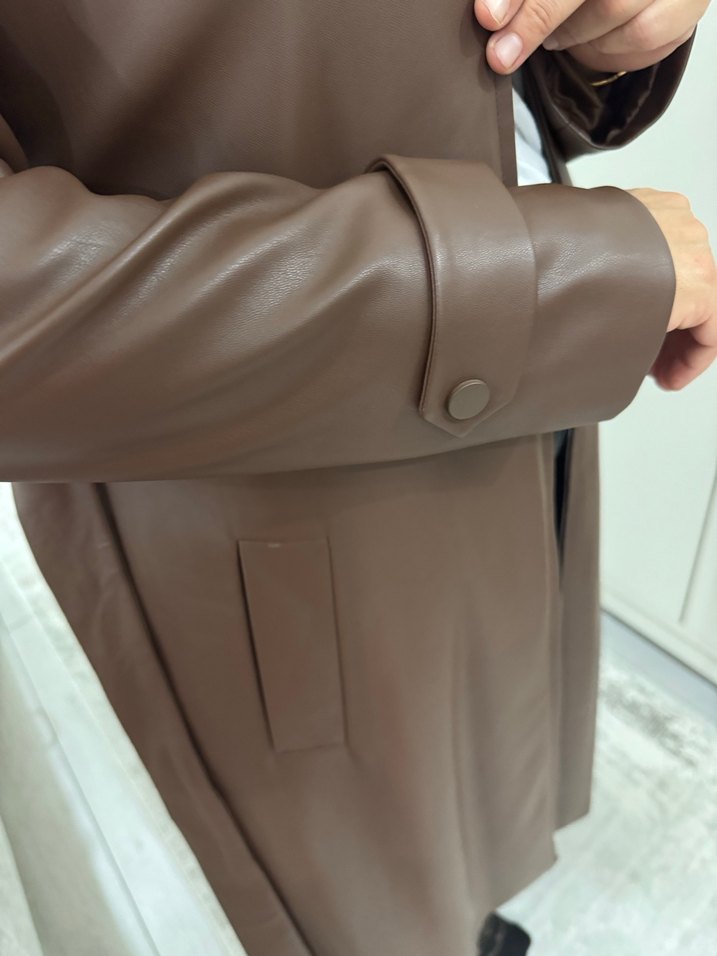 Kahverengi Deri Kadın Uzun Trençkot - Görsel 3