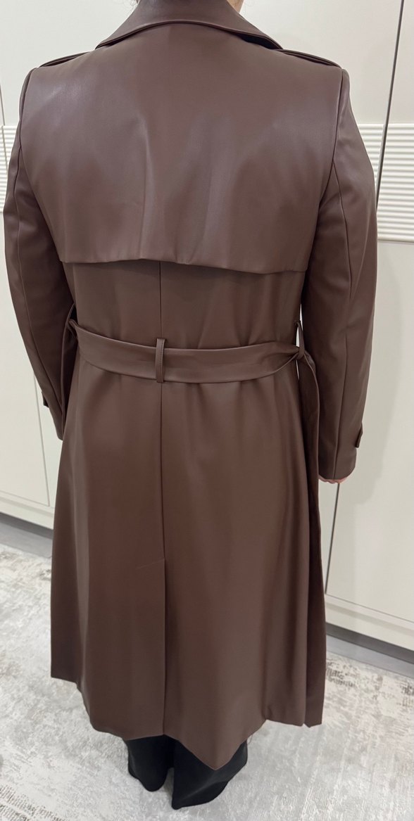 Kahverengi Deri Kadın Uzun Trençkot - Görsel 2