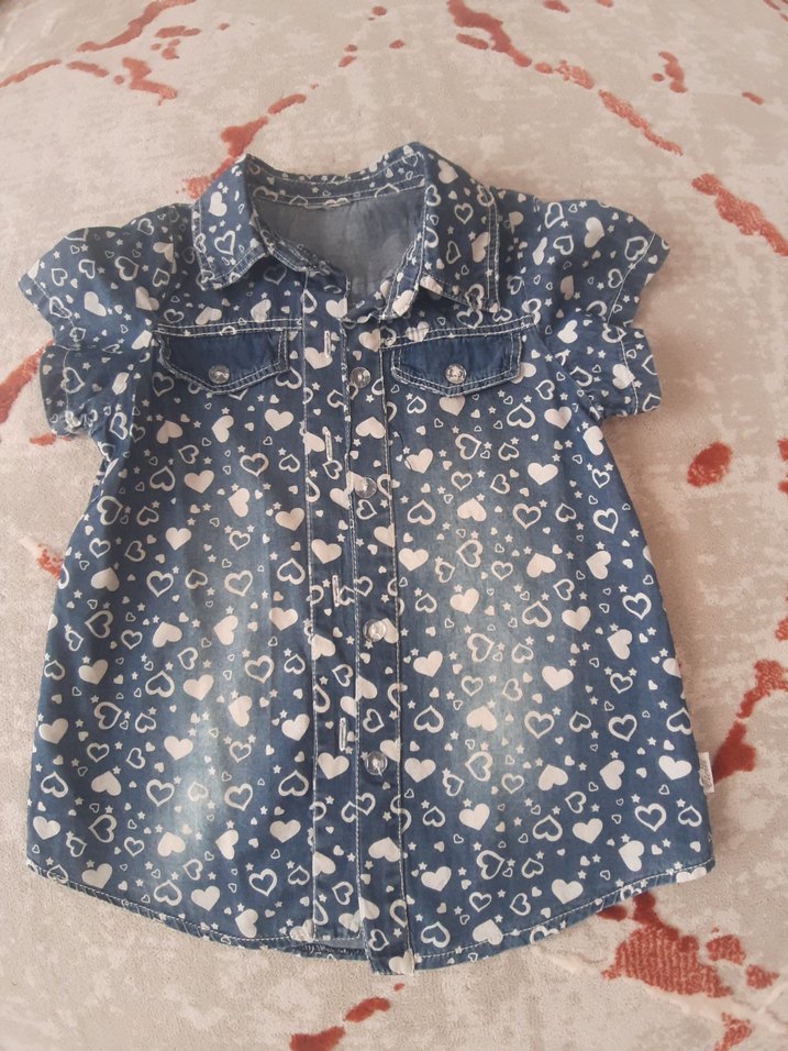 Kız Çocuk Mavi Denim Desenli Kısa Kollu Elbise - Görsel 2