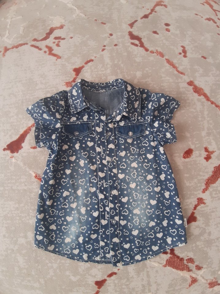 Kız Çocuk Mavi Denim Desenli Kısa Kollu Elbise - Görsel 4