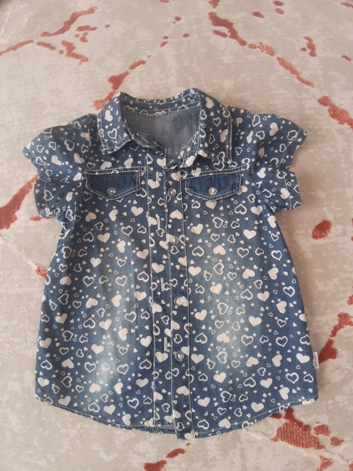 Kız Çocuk Mavi Denim Desenli Kısa Kollu Elbise - Görsel 3