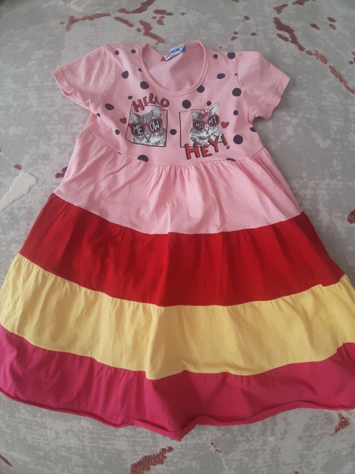 Renkli Kısa Kollu Kız Çocuk Elbise - Görsel 3