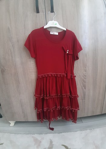 Kız Çocuk Kırmızı Volanlı Bohem Elbise - Görsel 2