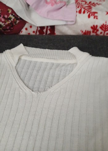 Beyaz V Yaka Uzun Kollu Triko Kadın Kazak - Görsel 5