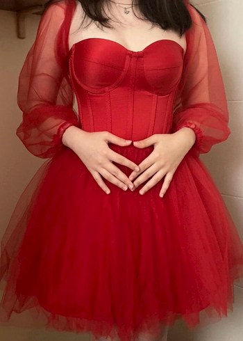 Parlak Kırmızı Straplez Midi Gotik Abiye