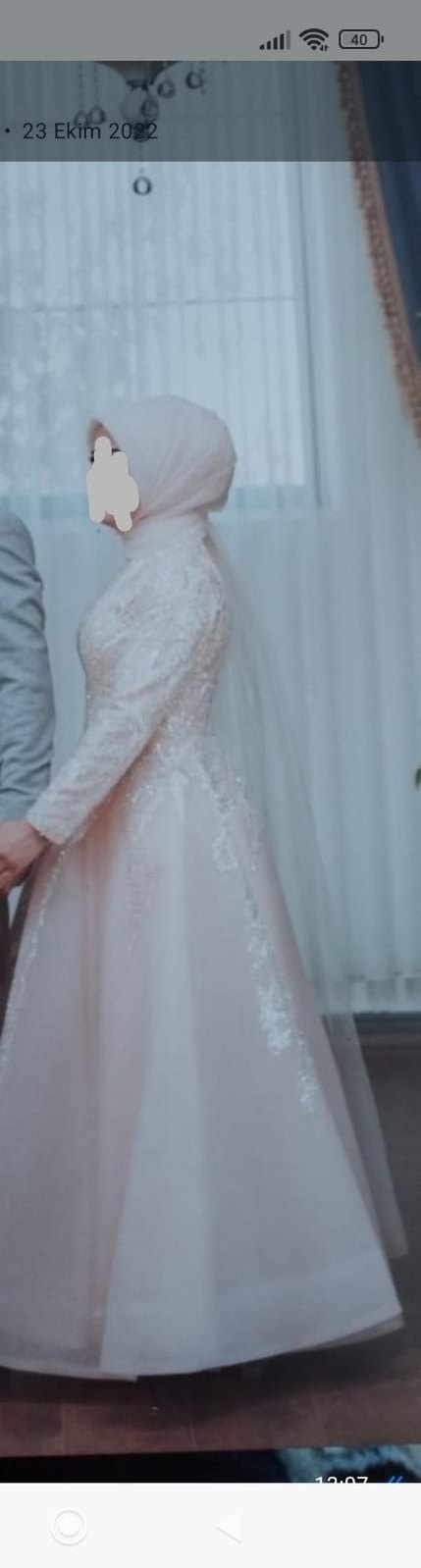 Uzun Kollu, Yüksek Yakalı Bej Nişan Elbisesi - Görsel 3