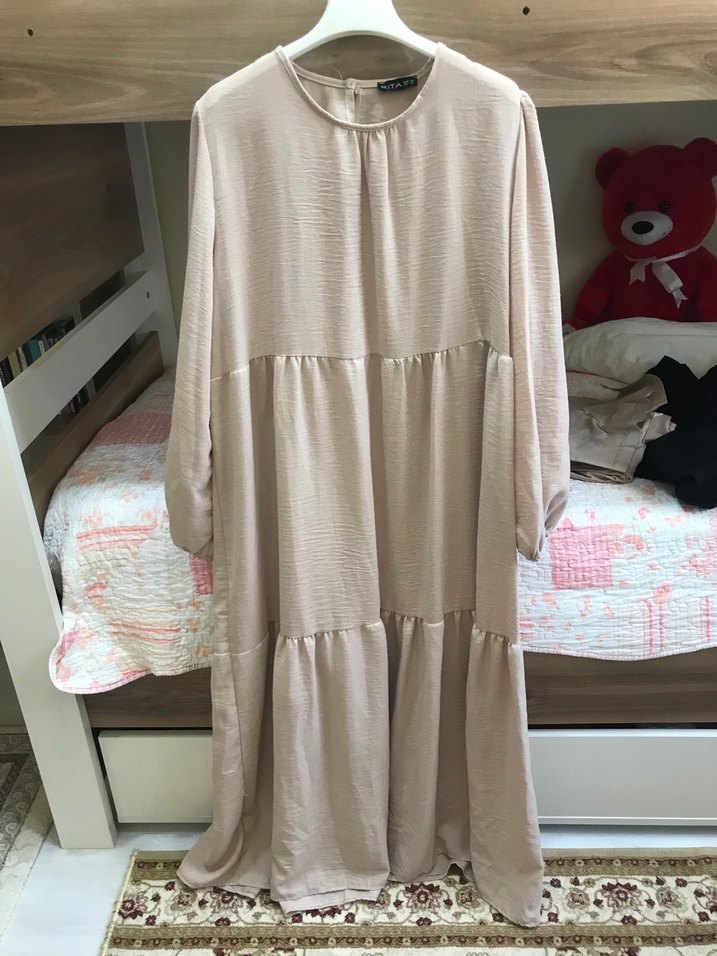 Bej Uzun Keten Elbise, Salaş Kesim - Görsel 5