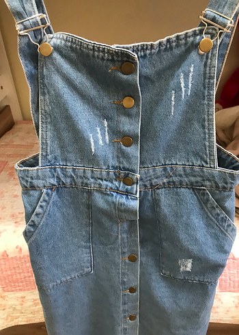 Düğmeli Mavi Jean Kadın Uzun Tulum - Görsel 3