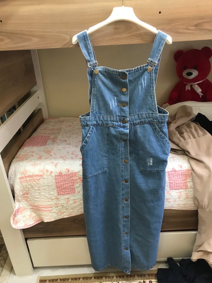 Düğmeli Mavi Jean Kadın Uzun Tulum - Görsel 2