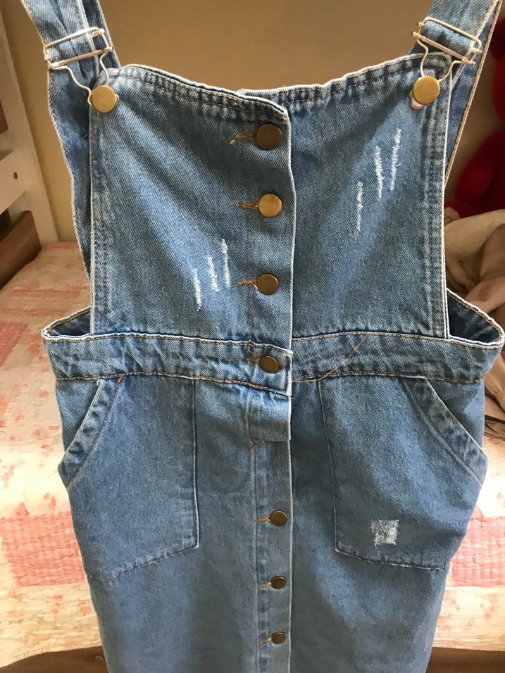 Düğmeli Mavi Jean Kadın Uzun Tulum - Görsel 3