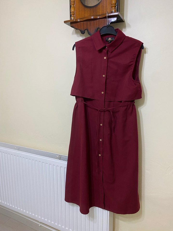 Kemerli Bordo Midi Kadın Elbise - Görsel 3