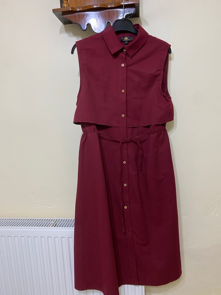 Kemerli Bordo Midi Kadın Elbise - Görsel 2