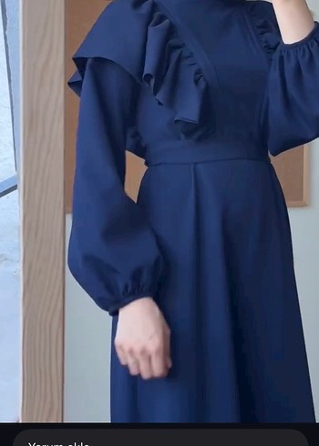 Lacivert Uzun Kollu Fırfırlı Tesettür Elbise - Görsel 5